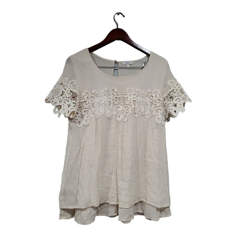JODIFL Women’s Flowy Top Crocheted Gauzy Layered Lace Cream Boho Sz M